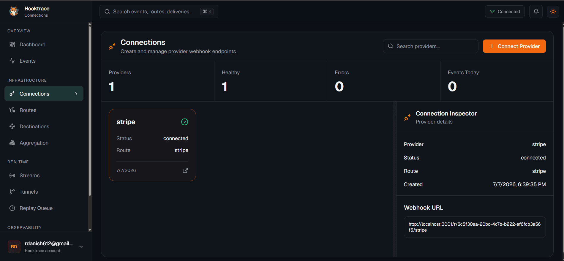 Connections page with a connected Stripe provider and its webhook URL