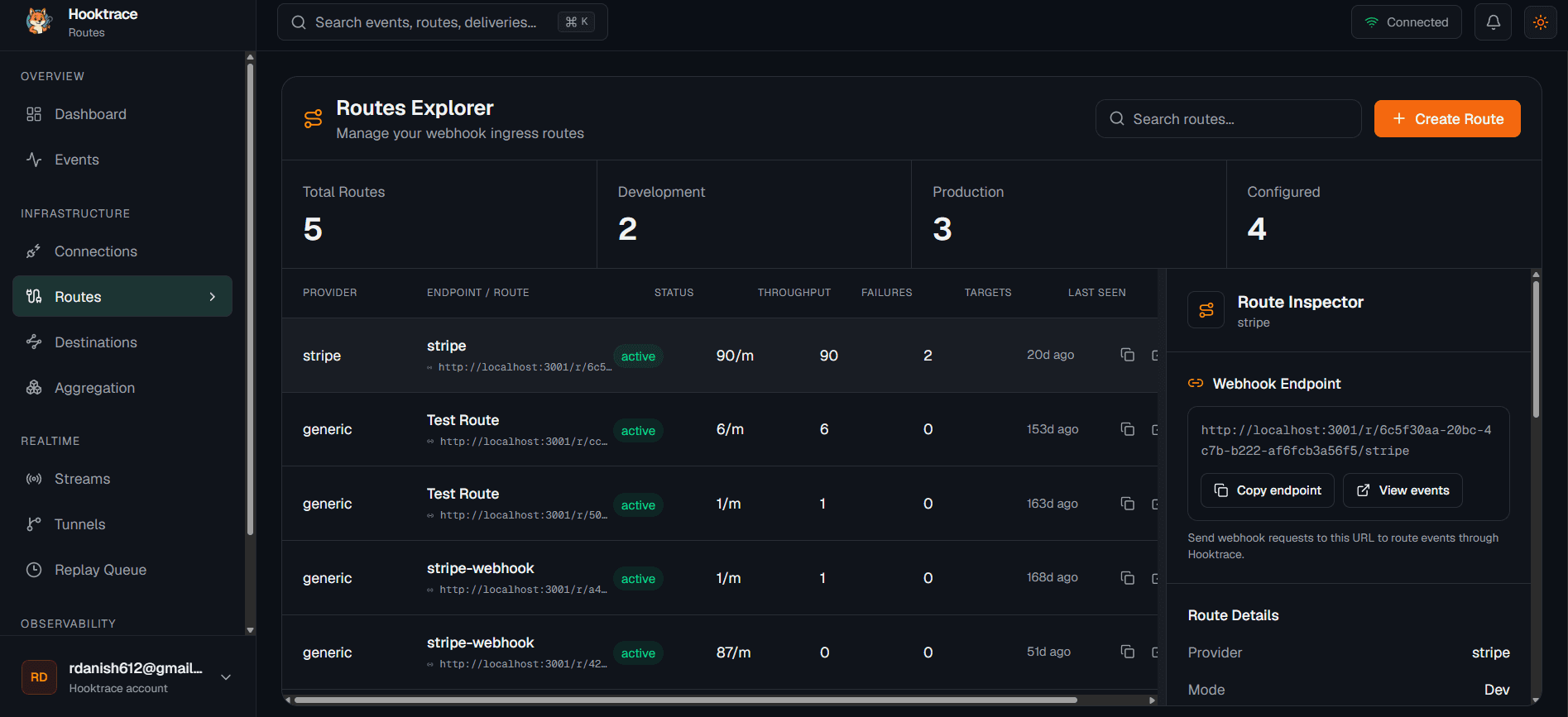 Routes explorer listing routes with throughput and failure counts